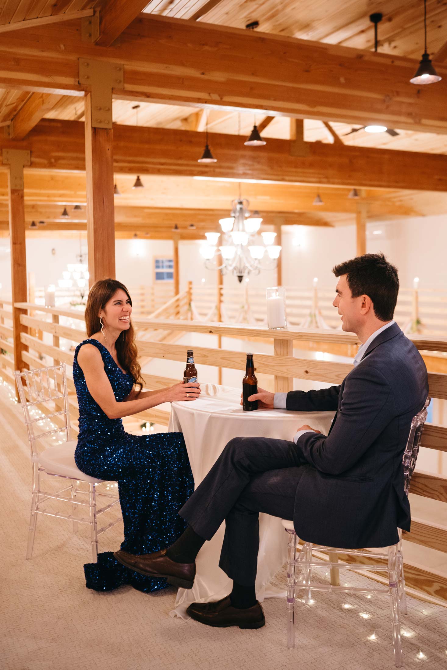 happy couple having a drink at small table