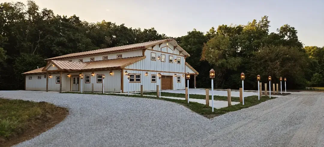 wedding barn with lighted posts